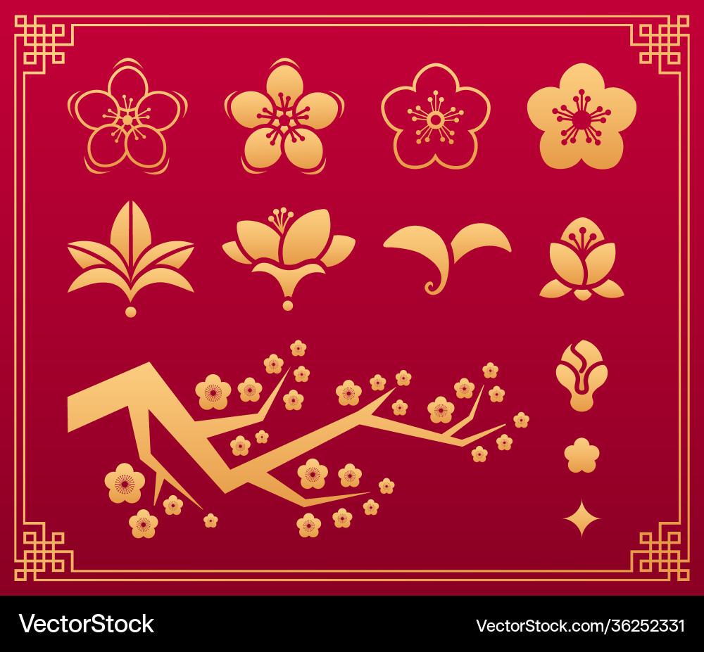 Sakura flowers and leaves gold asian ornament Sakura flowers and leaves gold asian ornament vector image