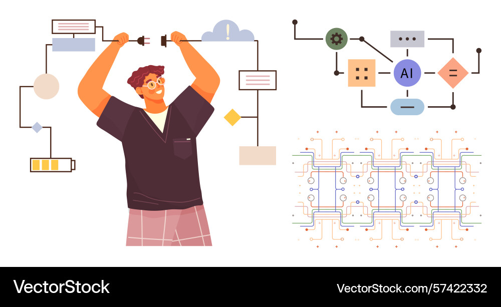 Man connecting wires to ai and circuit nodes Man connecting wires to ai and circuit nodes vector image