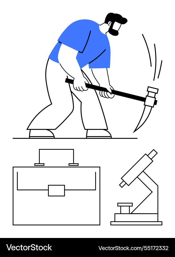 Worker using pickaxe with suitcase and microscope Worker using pickaxe with suitcase and microscope vector image