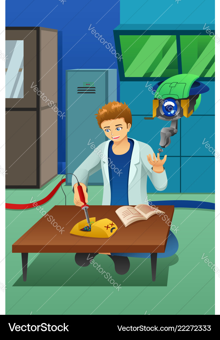 Man working on electronic device with robot help Vector Image