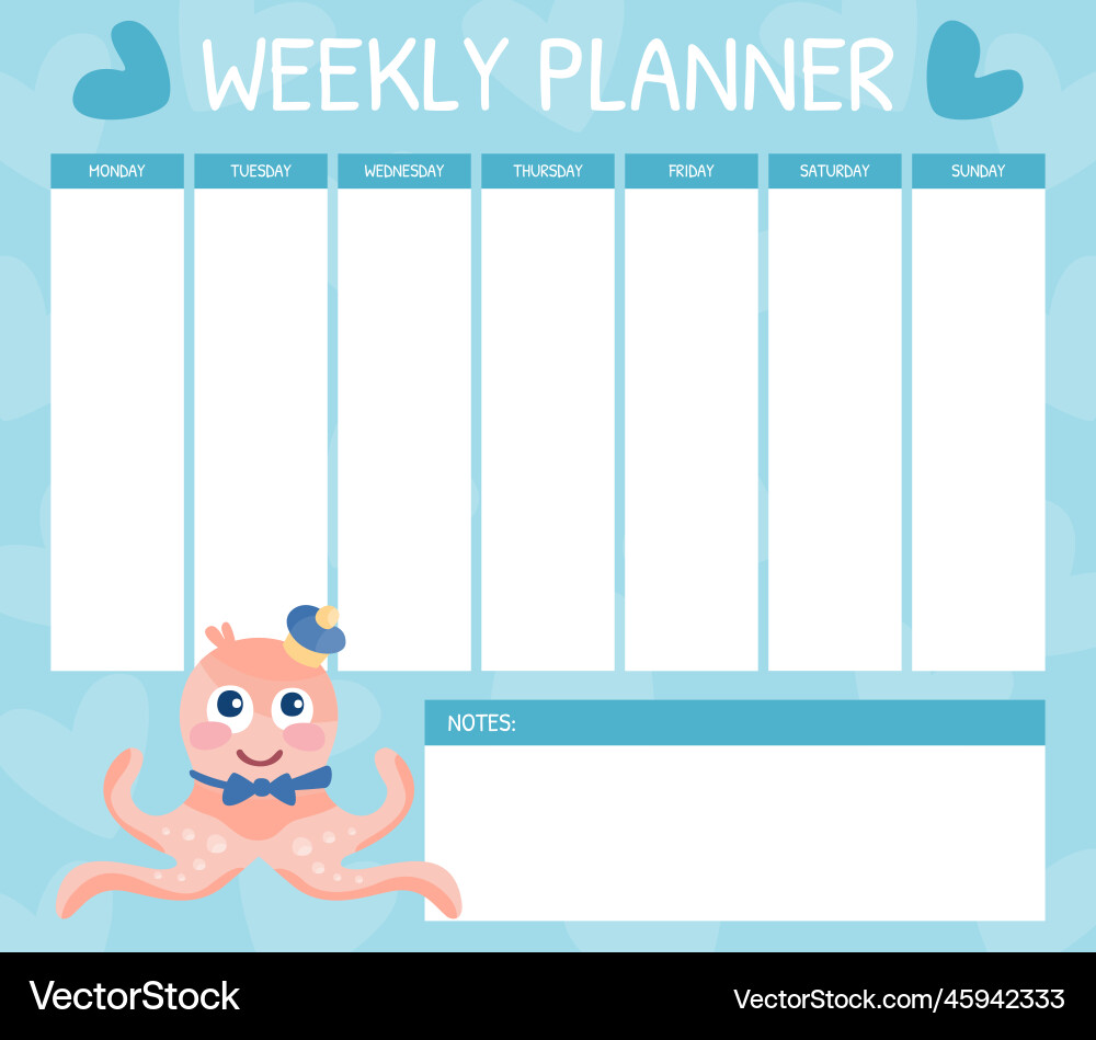 Weekly planner timetable for elementary school Weekly planner timetable for elementary school vector image
