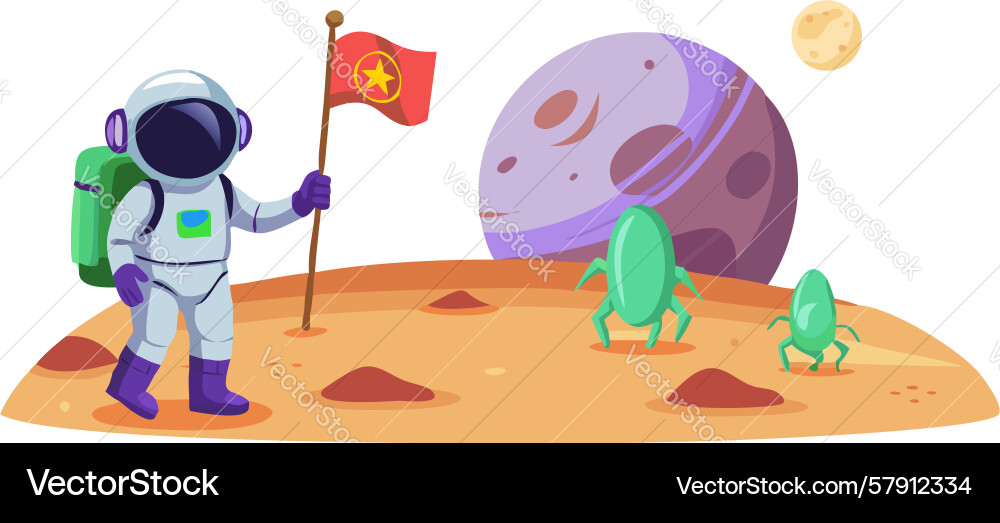 Astronaut on moon-like planet with red flag Vector Image