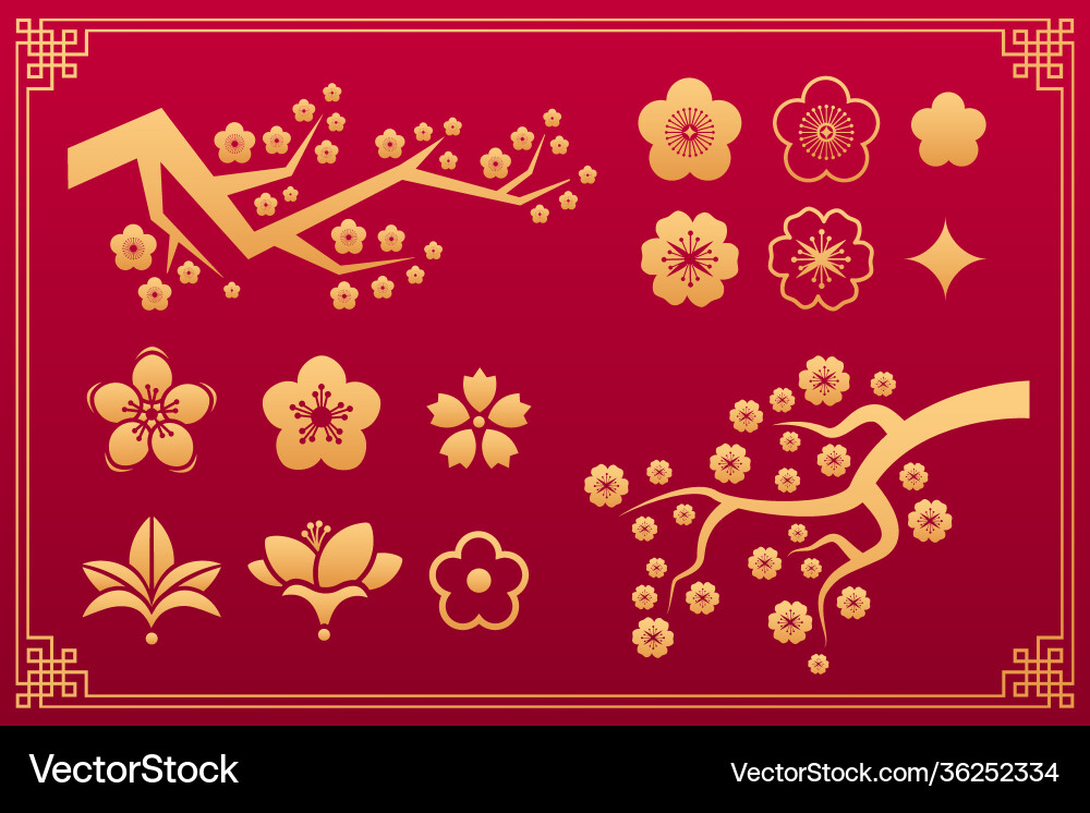 Sakura flower and leaves gold asian ornaments Sakura flower and leaves gold asian ornaments vector image