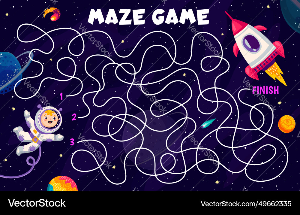 Labyrinth maze game with rocket spaceship in space Labyrinth maze game with rocket spaceship in space Vector Image