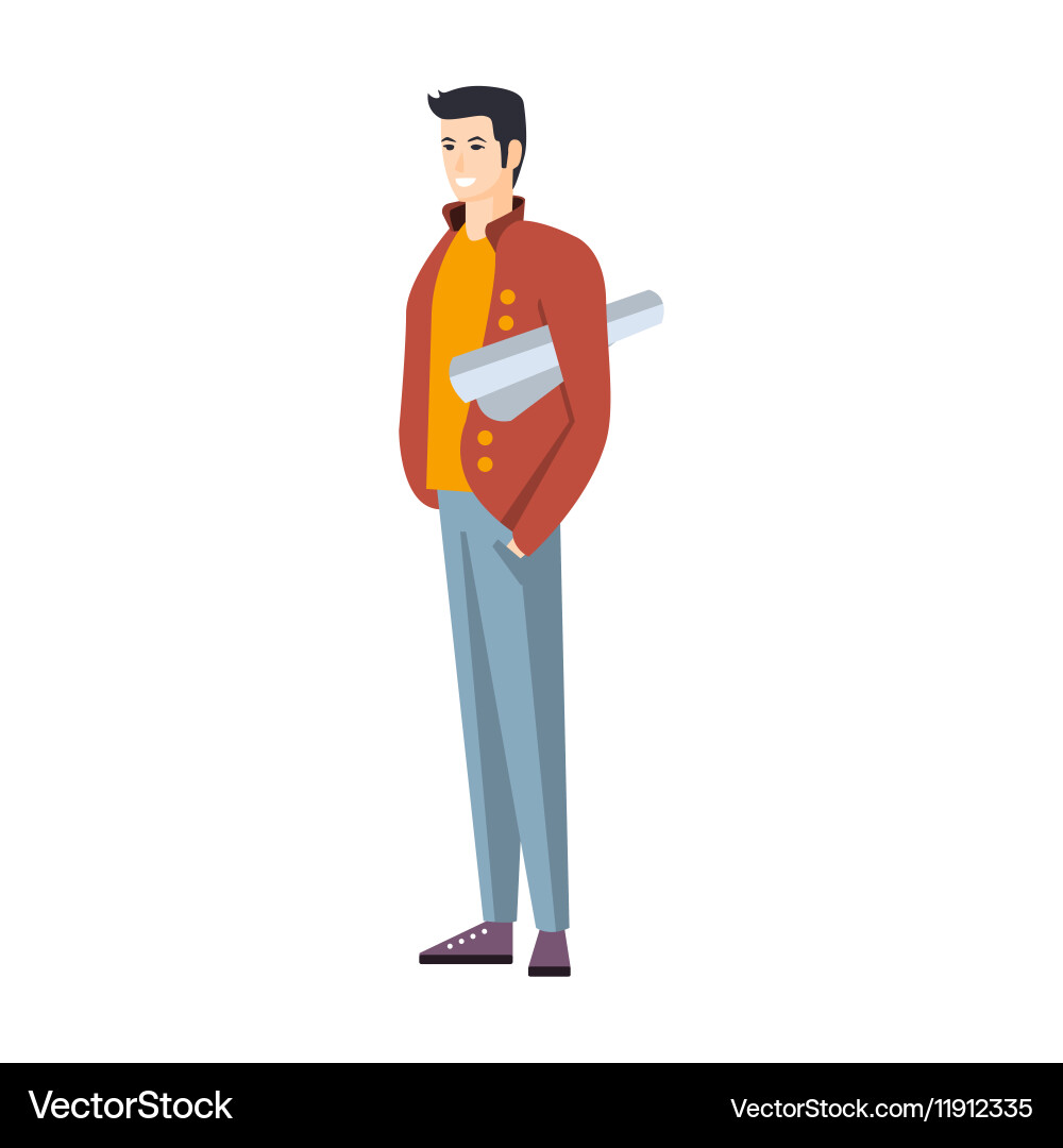 Man in jeans and red jacket with roll of project Vector Image