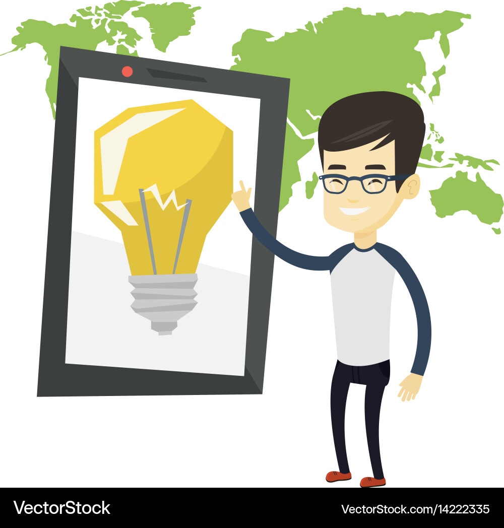 Man pointing at big tablet computer Vector Image