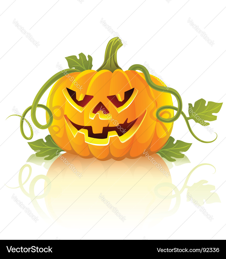 Spooky Orange Pumpkin with Green Leaves Vector Image