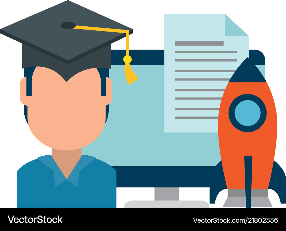 Student graduated with computer and rocket vector image