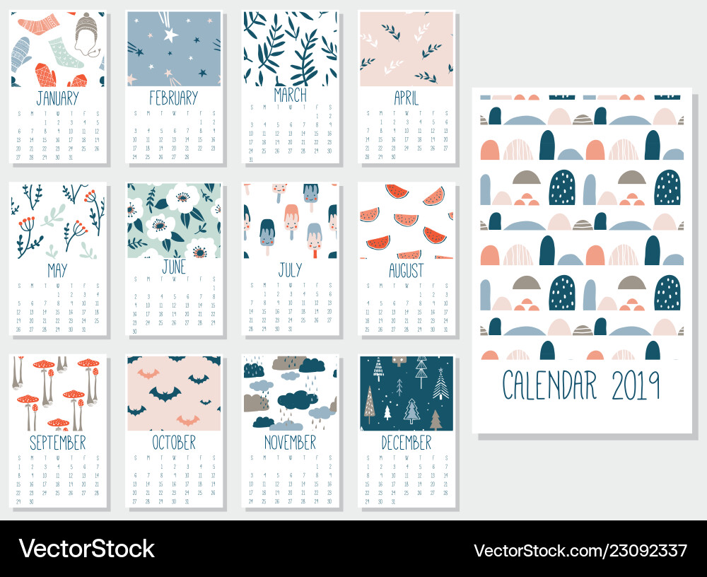 Cute monthly calendar 2019 Cute monthly calendar 2019 vector image