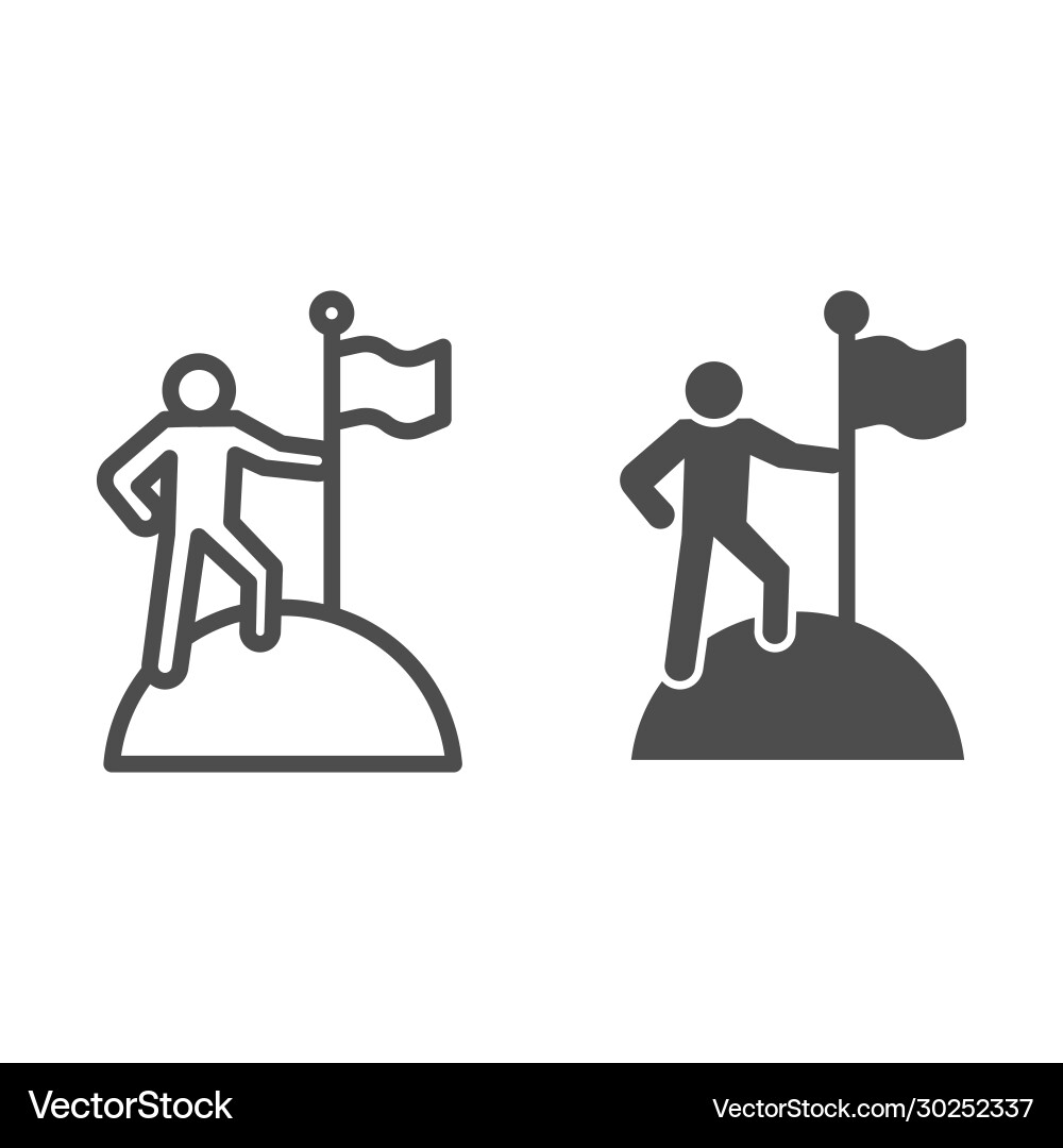 Man on top mountain with flag line and solid Man on top mountain with flag line and solid vector image