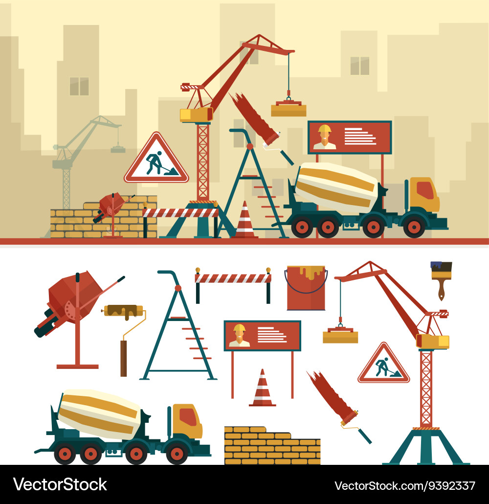 Set of construction site objects and tools vector image