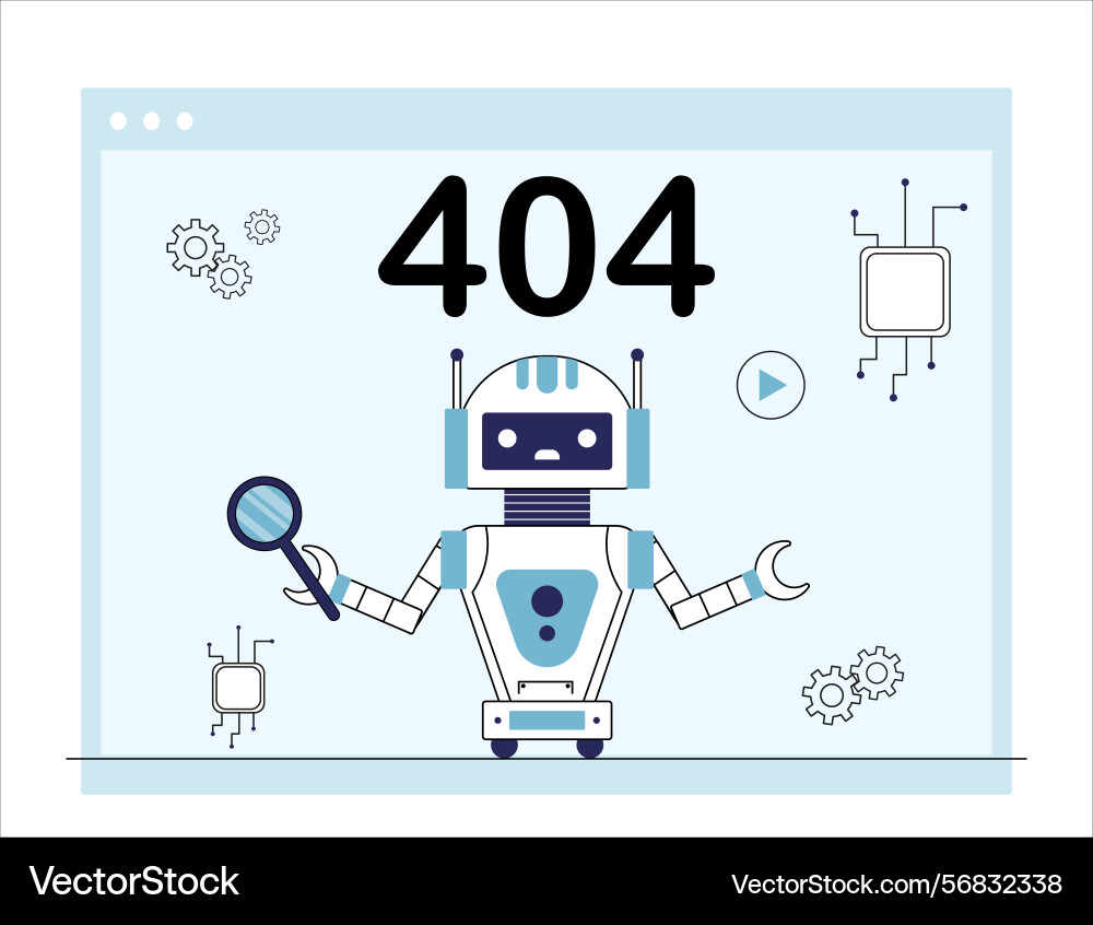 Error 404 bot robot with magnifying glass near vector image