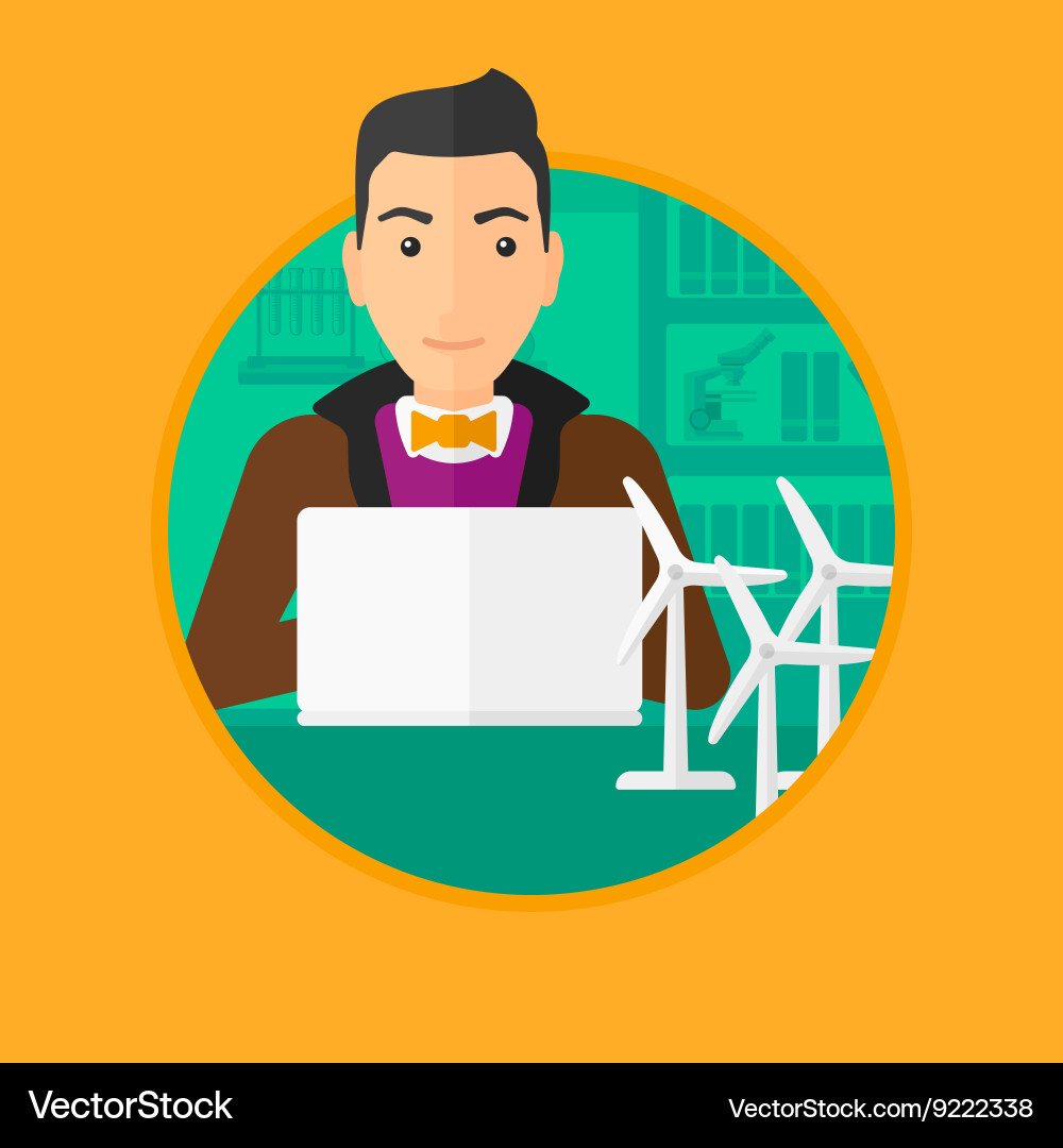 Man working with model wind turbines on the table vector image