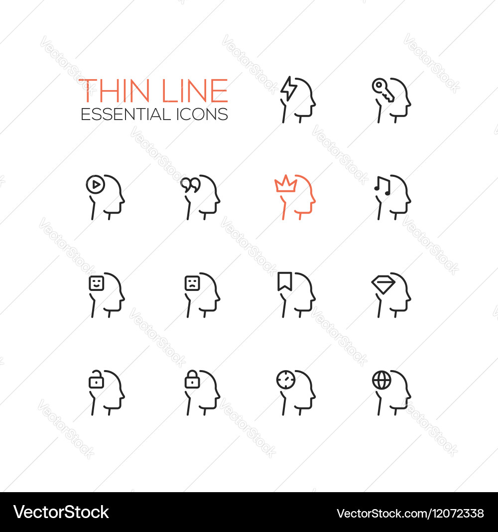 Thoughts in heads - thin single line icons set vector image