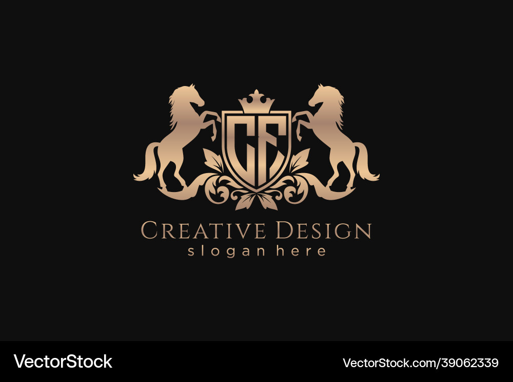 Initial cf retro golden crest with shield and two vector image
