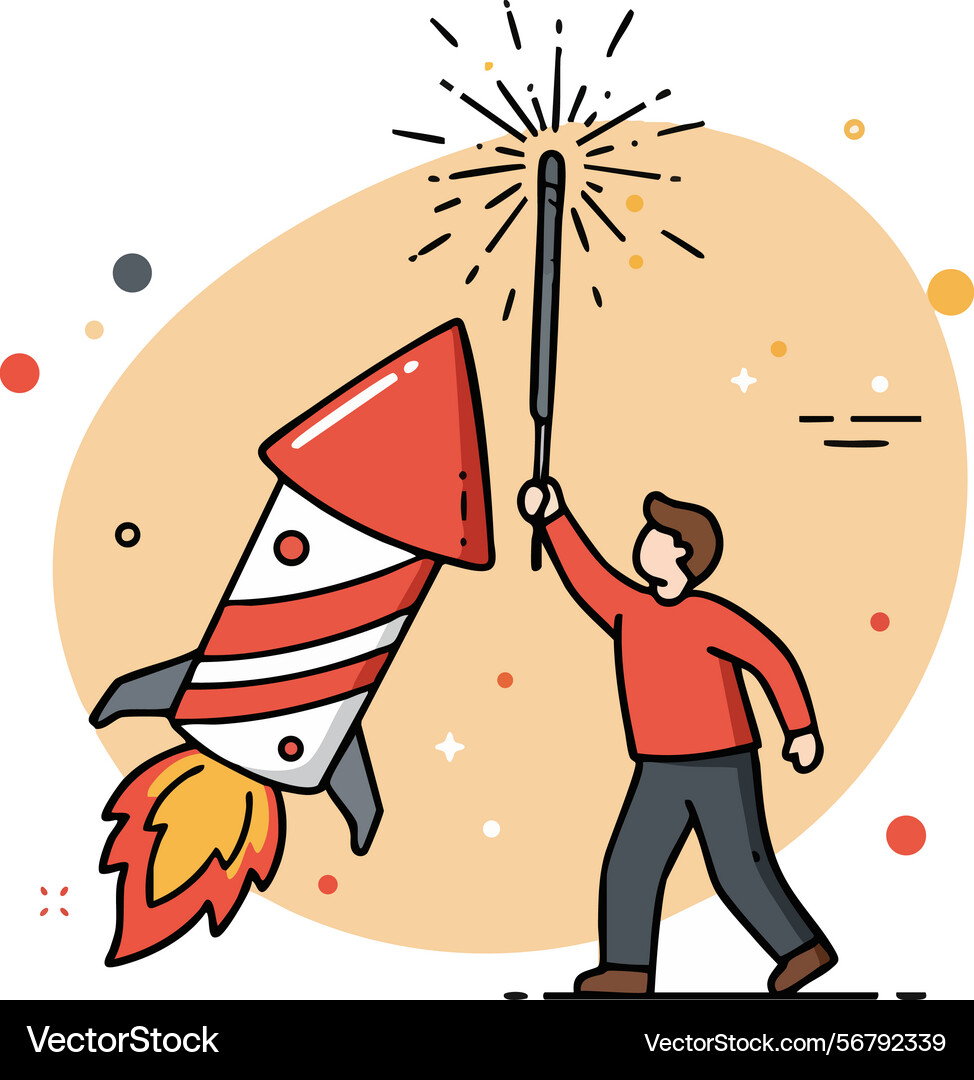 Man lighting firework rocket with sparkler in red vector image