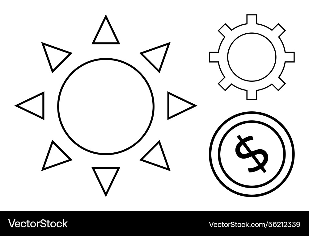 Sun with triangular rays cogwheel and coin Vector Image