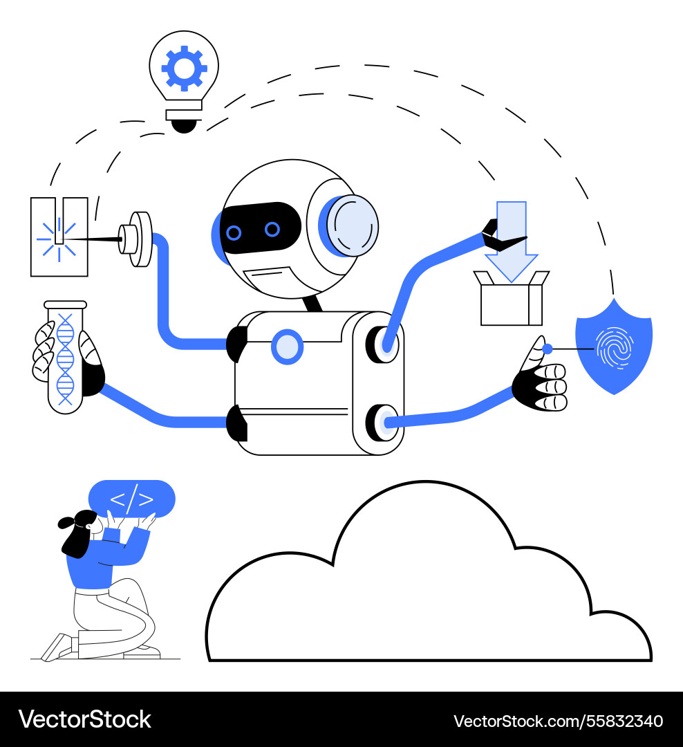 Futuristic ai robot multitasking with code data Futuristic ai robot multitasking with code data vector image
