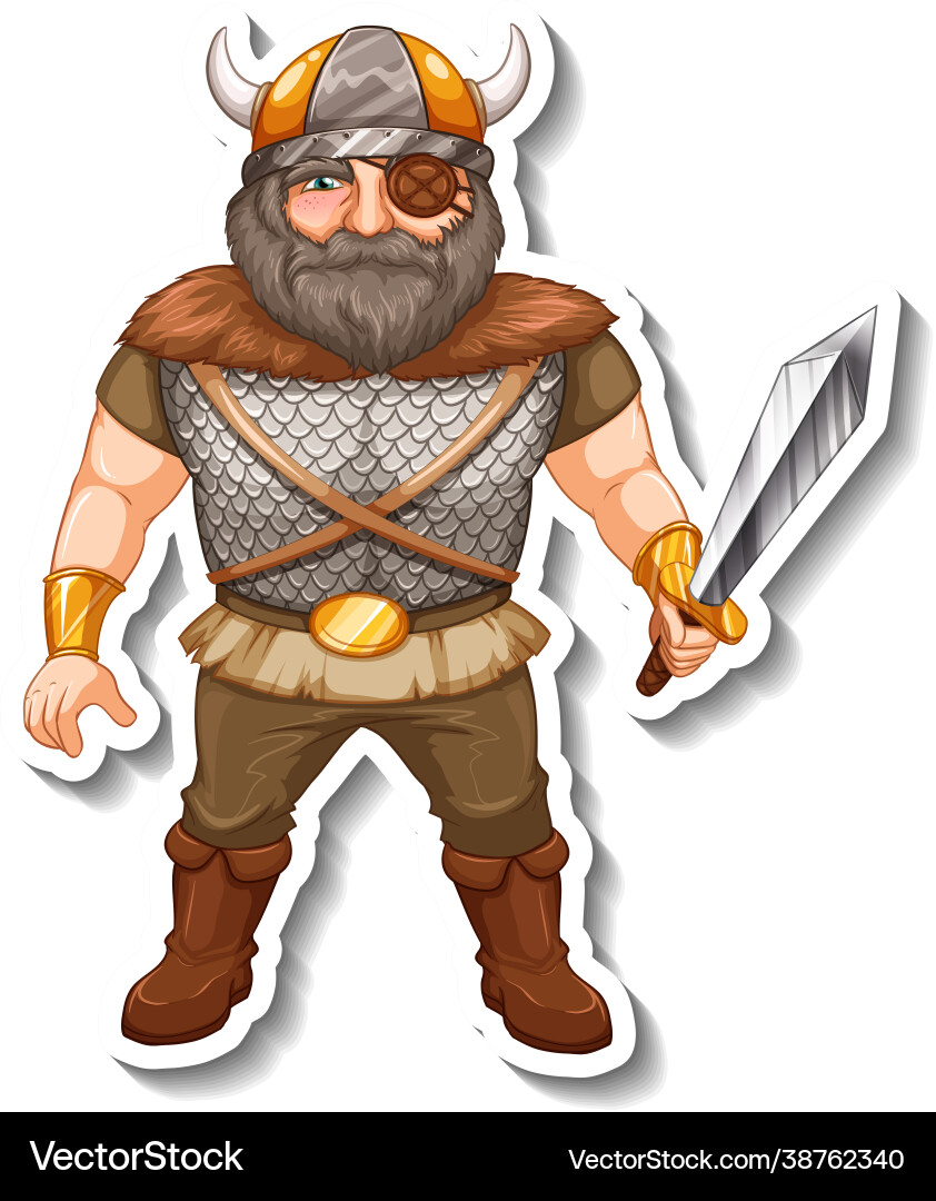 Sticker-Vorlage mit Viking Krieger Cartoon Sticker-Vorlage mit Viking Krieger Cartoon vektorbild