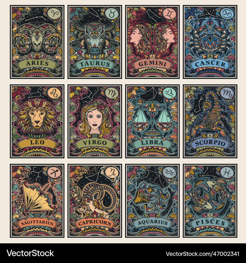 Beautiful colorful pre-made cards with zodiac Beautiful colorful pre-made cards with zodiac vector image