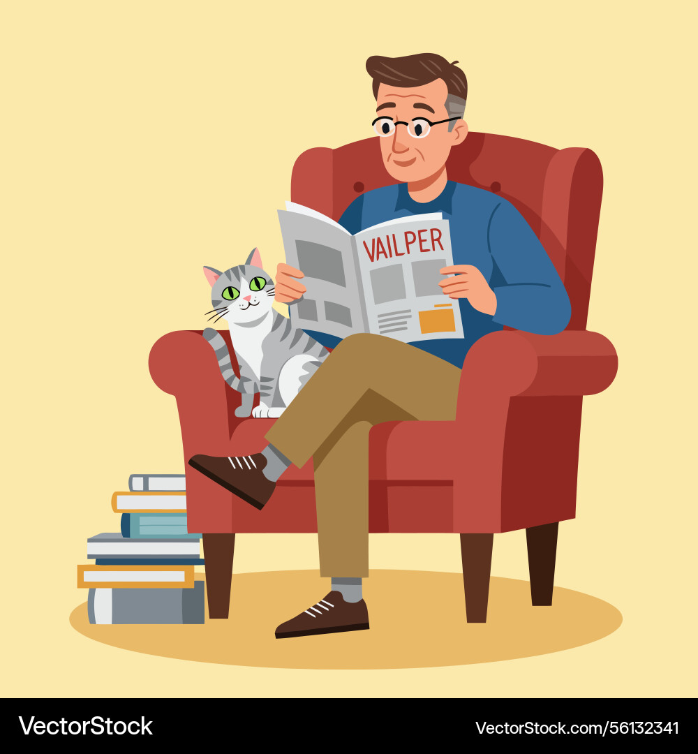 Man reading newspaper with cat relaxing in red vector image