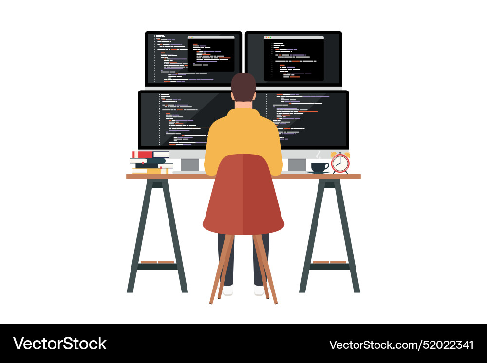 Programmer working writing code on computer Programmer working writing code on computer vector image