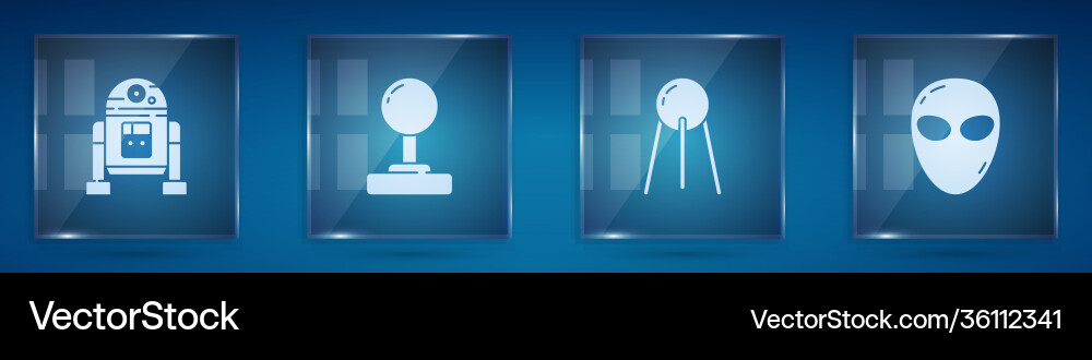 Set robot joystick satellite and alien square Set robot joystick satellite and alien square vector image