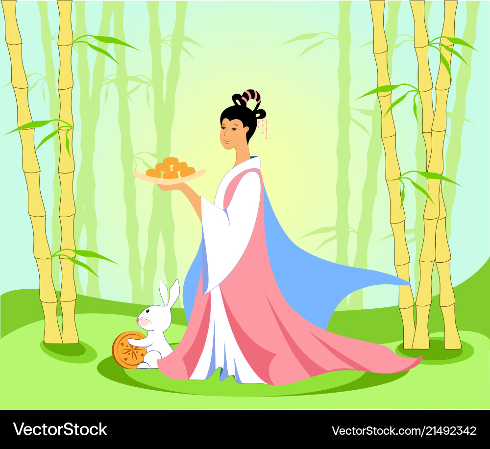 Chinese woman in a bamboo grove with moon cakes Vector Image