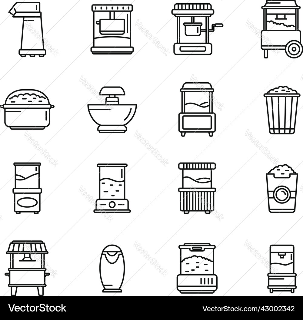 Popcorn maker machine icons set outline Popcorn maker machine icons set outline vector image