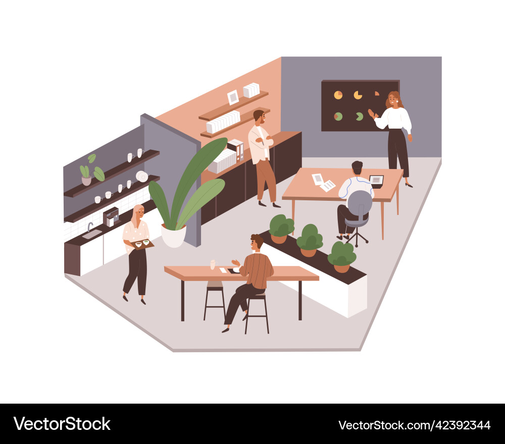 Büroleben mit Mitarbeitern in der Küche und Arbeit Büroleben mit Mitarbeitern in der Küche und Arbeit vektorbild