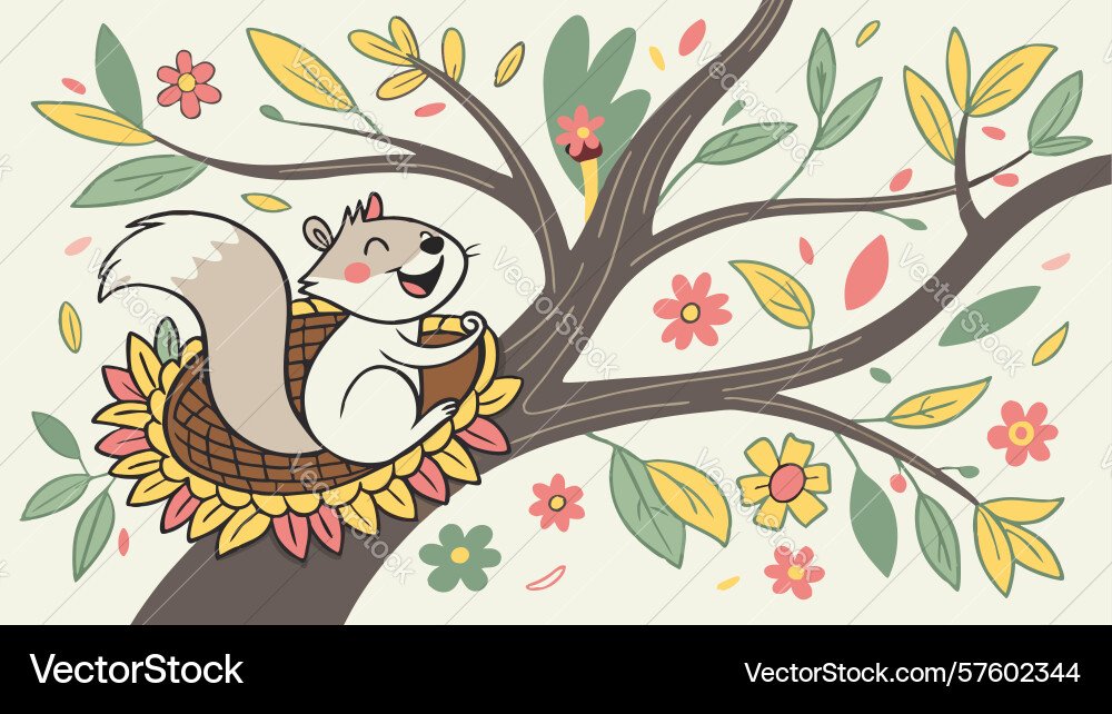 Cozy squirrel rests in nest on tree with spring Vector Image