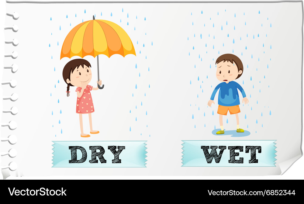 Opposite adjectives dry and wet Royalty Free Vector Image