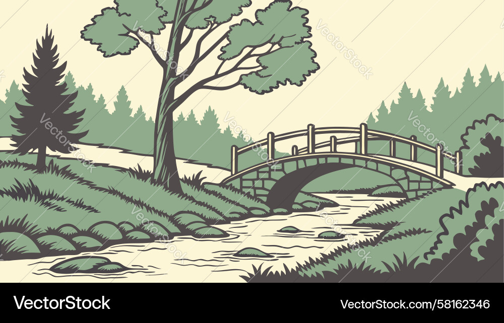 Rustic Stone Bridge in Forest Vector Image
