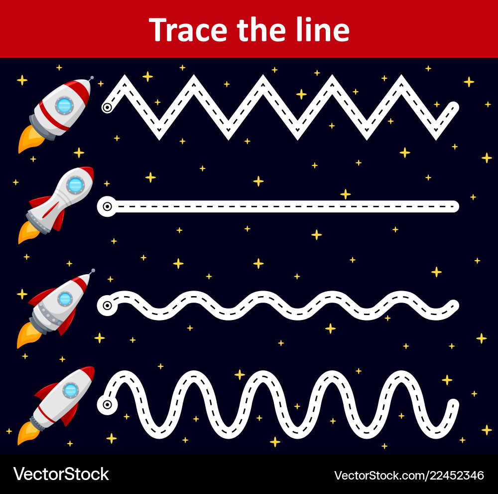 Trace line worksheet for preschool kids with rocke Trace line worksheet for preschool kids with rocke vector image