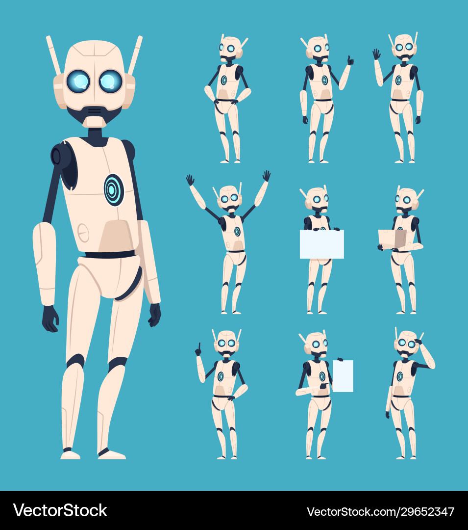Cute robots android characters in action poses Cute robots android characters in action poses vector image