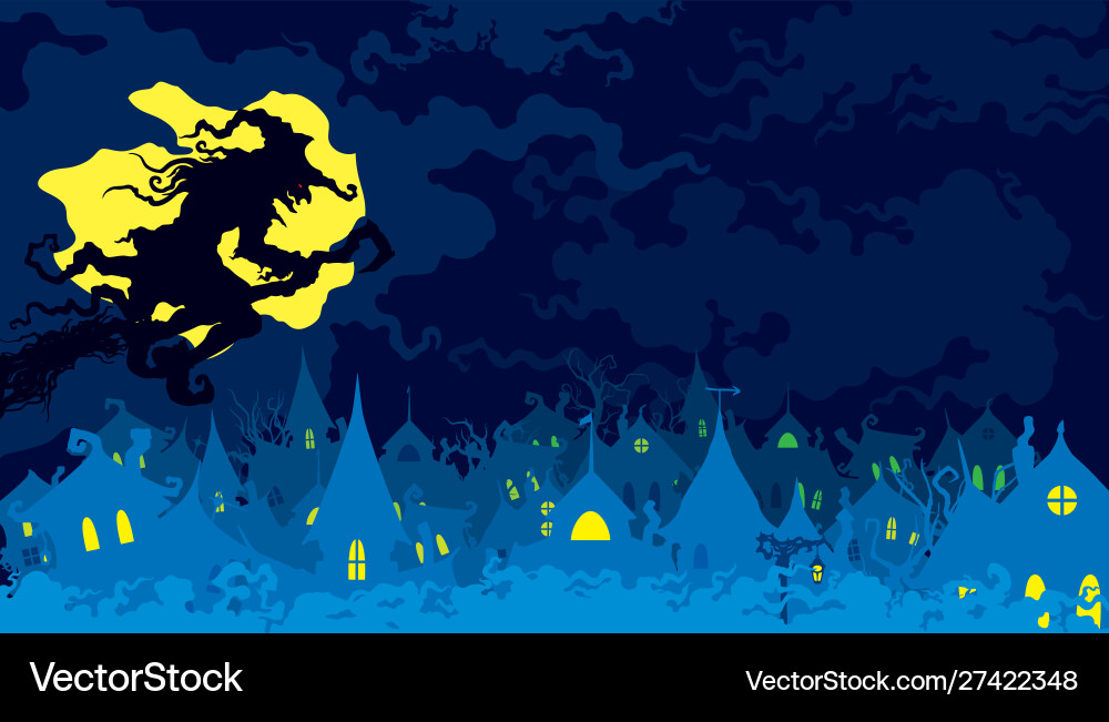 Banner with a witch flying above night fantasy vector image