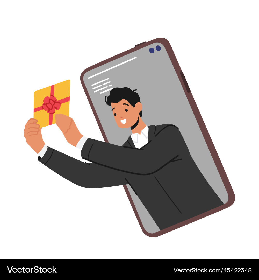 Male character holding gift coupon on huge Male character holding gift coupon on huge vector image