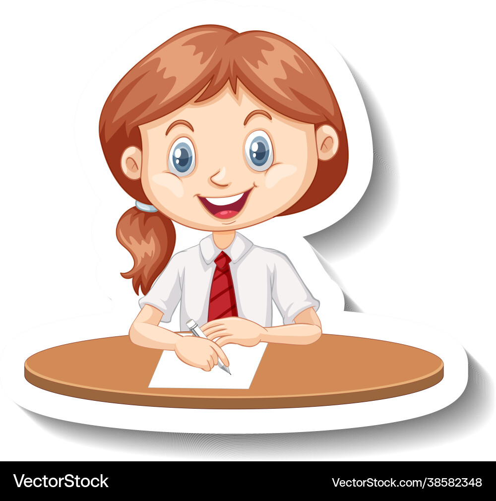 Student Mädchen sitzen am Schreibtisch Cartoon Aufkleber Student Mädchen sitzen am Schreibtisch Cartoon Aufkleber vektorbild