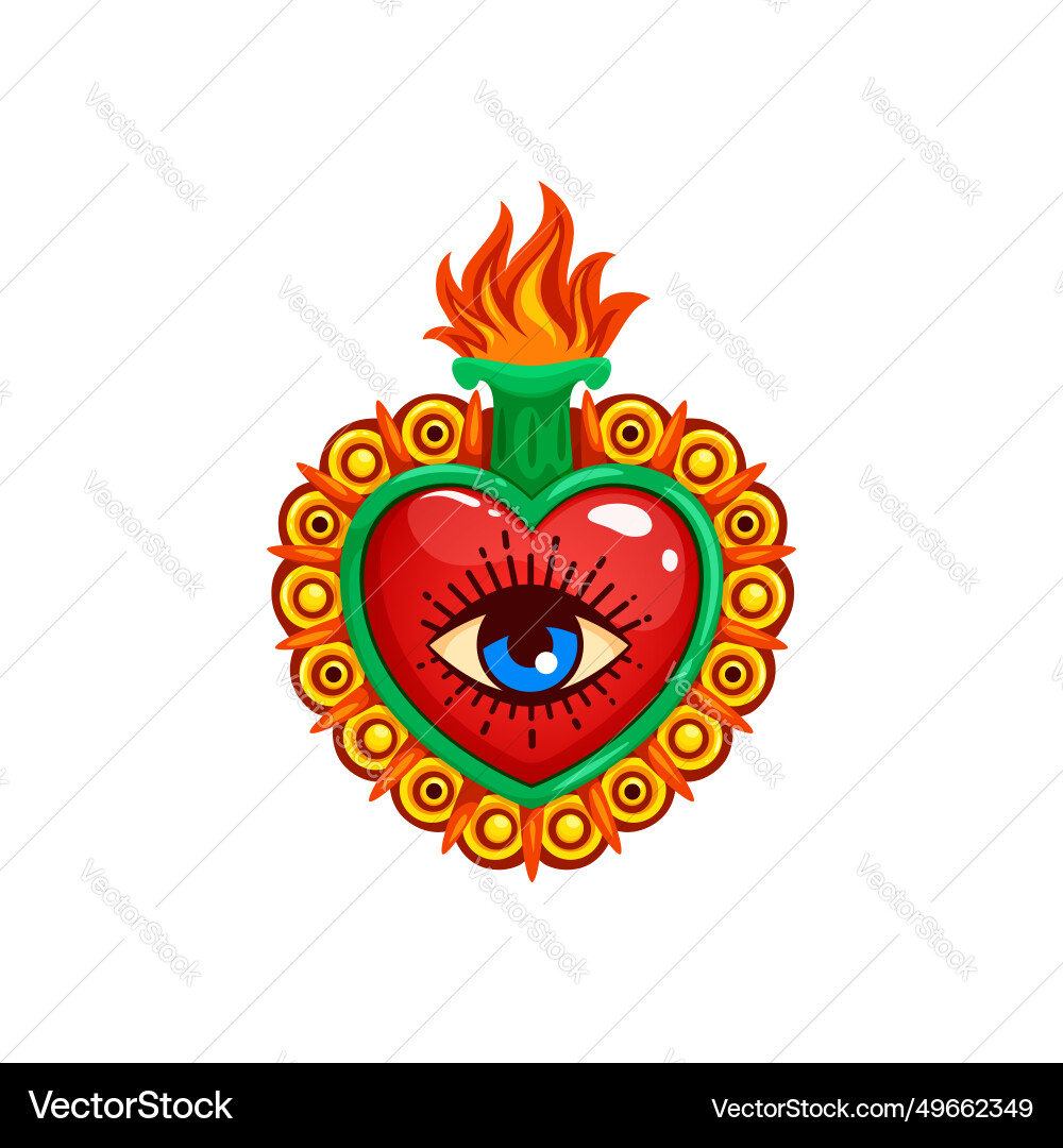 Mexican sacred heart with eye and burning flames Mexican sacred heart with eye and burning flames vector image