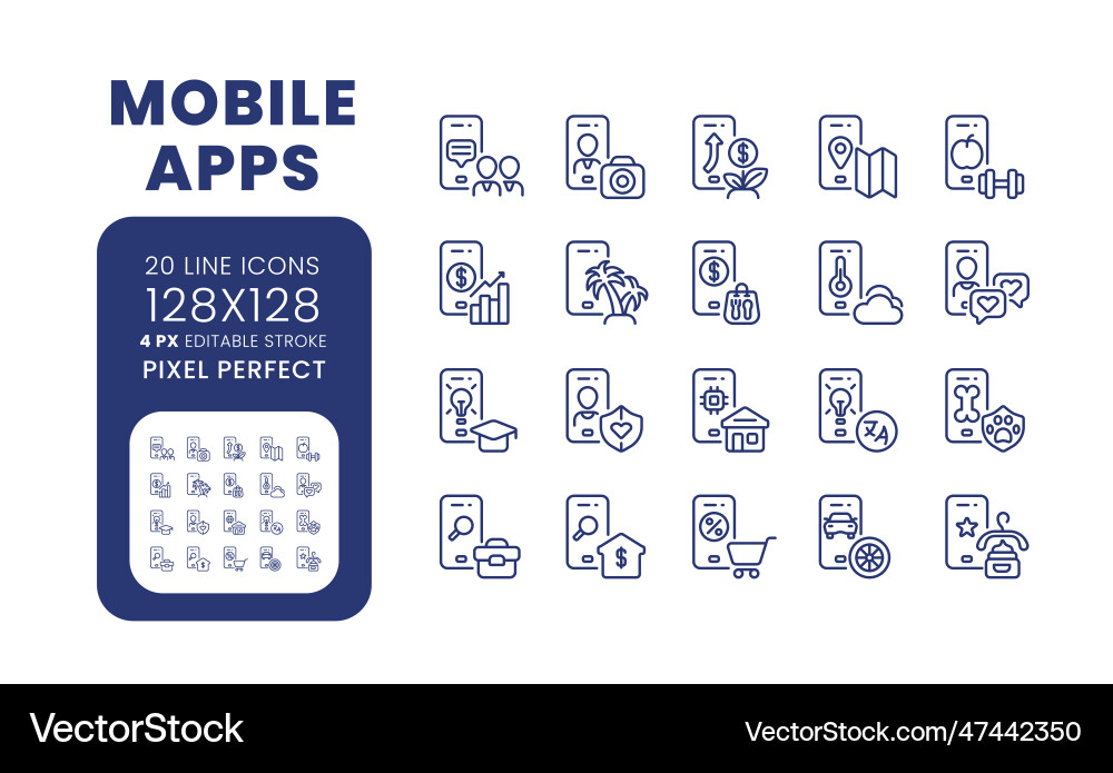 Mobile apps linear desktop icons set Mobile apps linear desktop icons set vector image