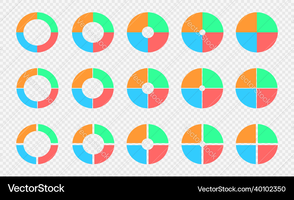 Pie and donut charts set circle diagrams divided Pie and donut charts set circle diagrams divided vector image