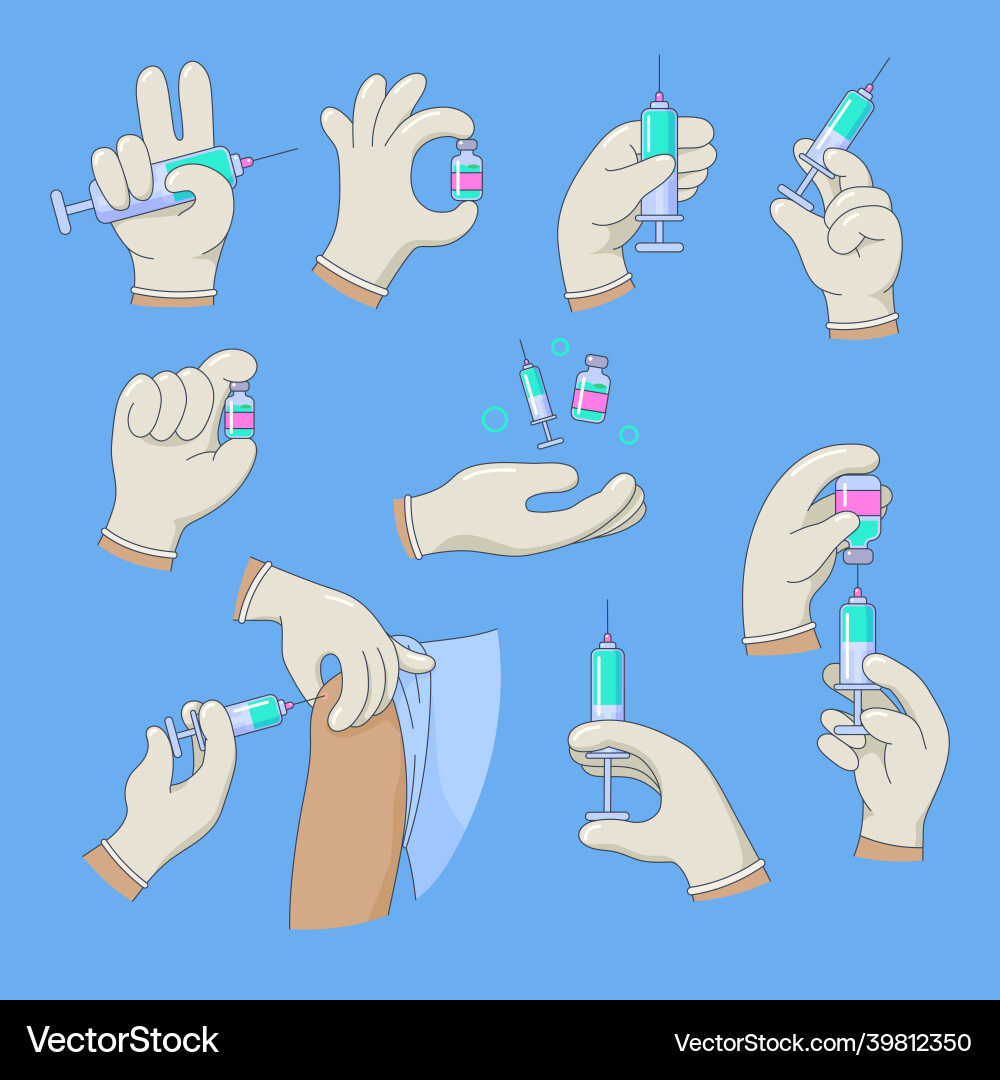 Set of hands in gloves making medical injections Set of hands in gloves making medical injections vector image