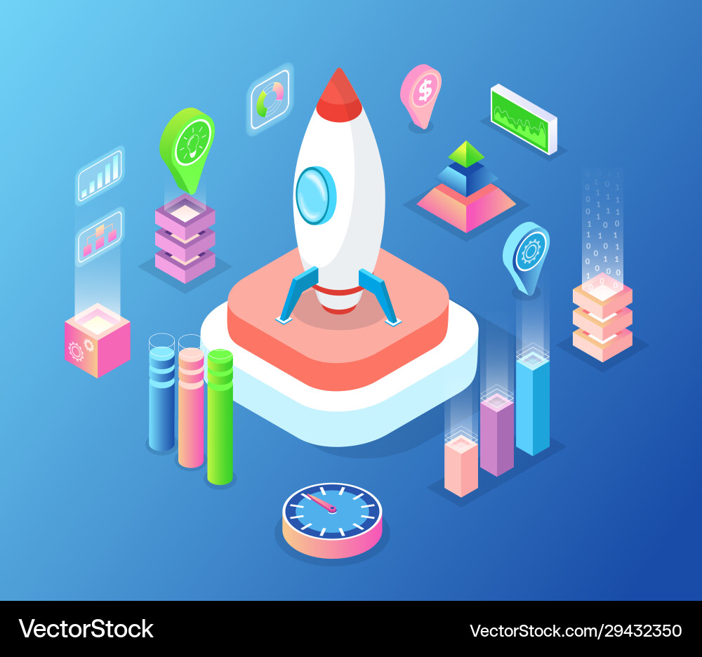Startup rocket with icons and location Startup rocket with icons and location vector image