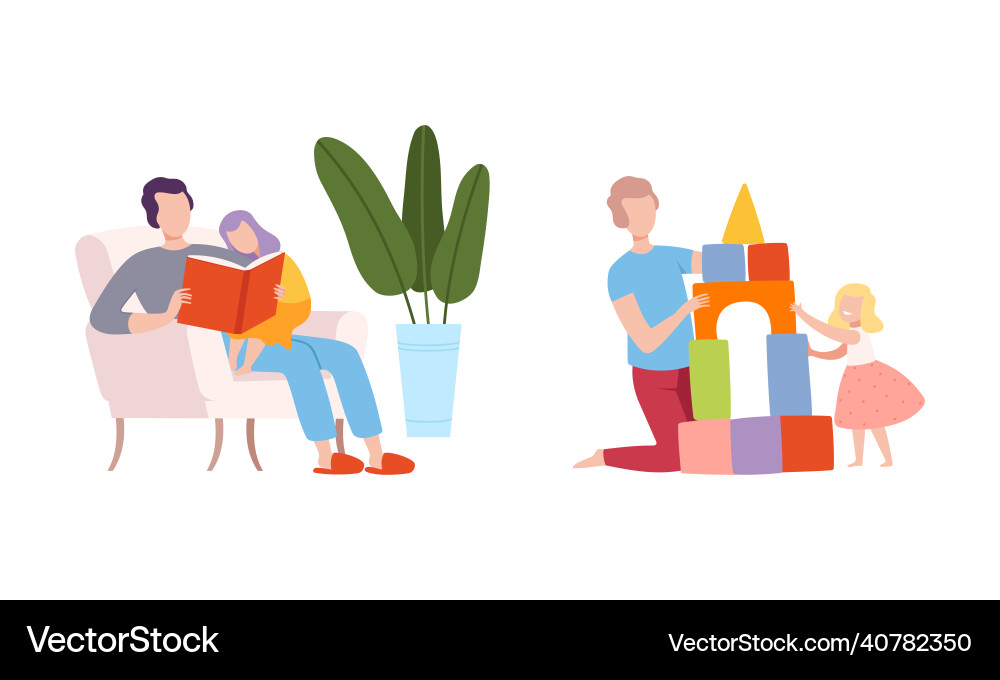 Young dad with his kid building castle of toy Vector Image