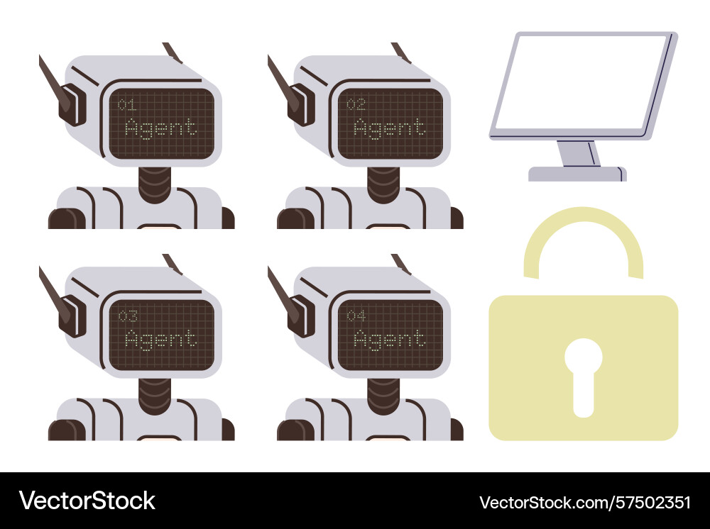 Group of robots computer monitor and lock Group of robots computer monitor and lock vector image