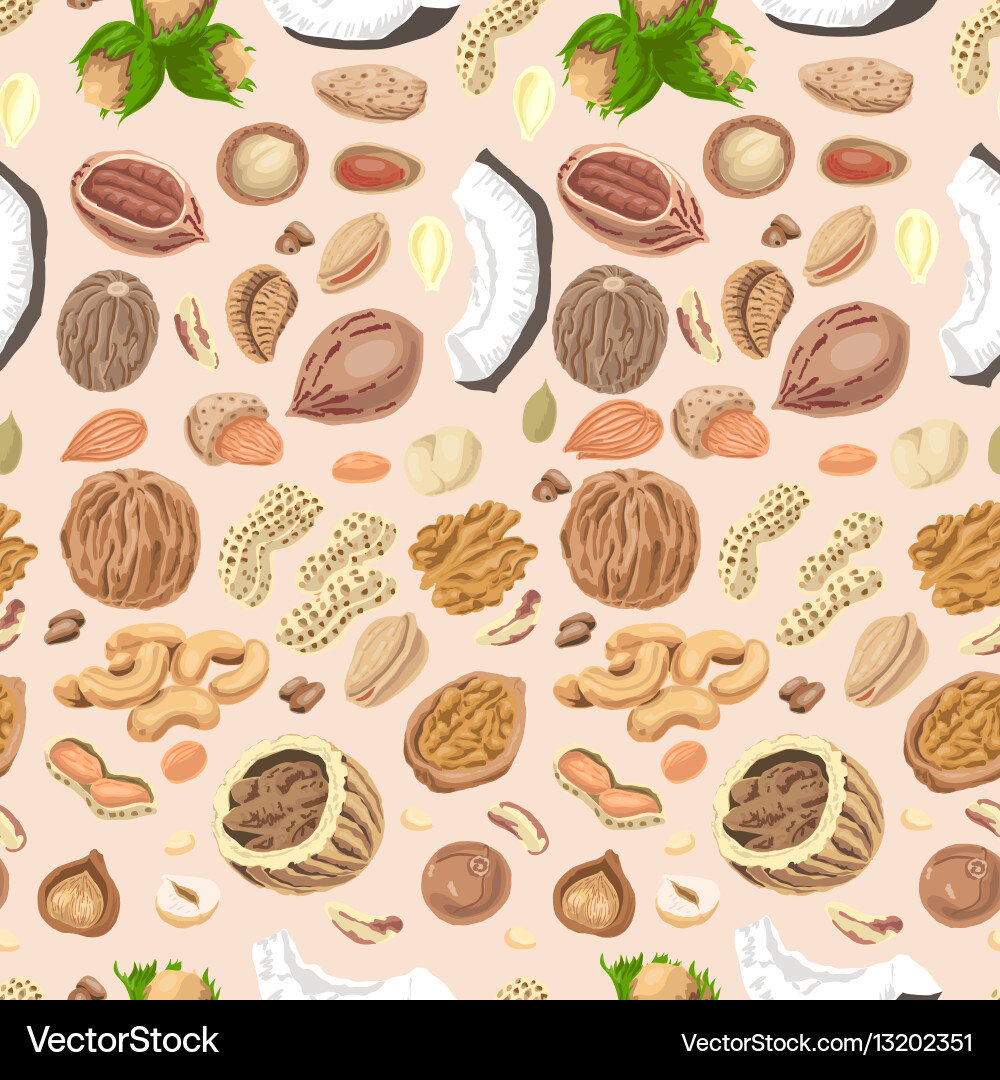 Seamless pattern with colored nuts and seeds Vector Image