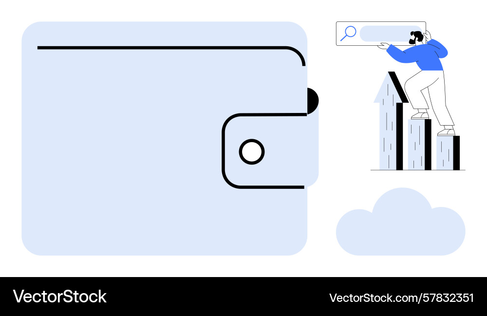 Wallet with man searching atop rising bar graphs Wallet with man searching atop rising bar graphs vector image