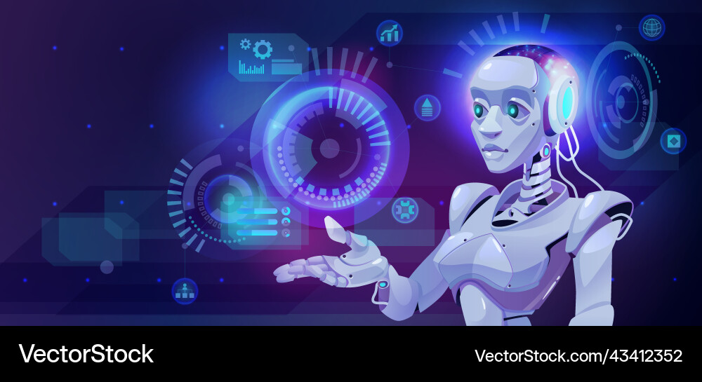 Futuristic robot and virtual sci fi control panel Futuristic robot and virtual sci fi control panel Vector Image