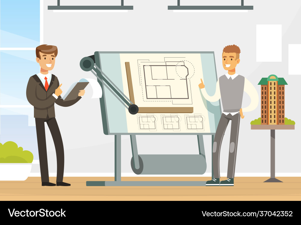 Man architect showing paper blueprint or draft Man architect showing paper blueprint or draft Vector Image