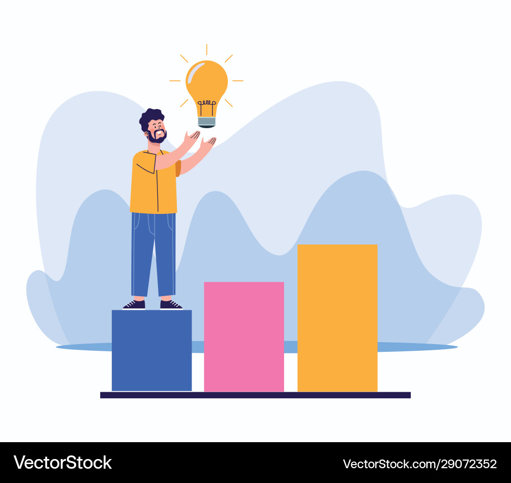 Man with bulb light standing on chart bar graph Man with bulb light standing on chart bar graph Vector Image
